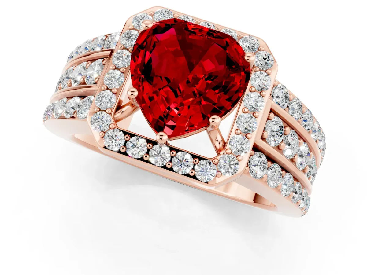 Heart Cut Halo Ruby Ring with Round Split Shank and Prong Setting Rose gold