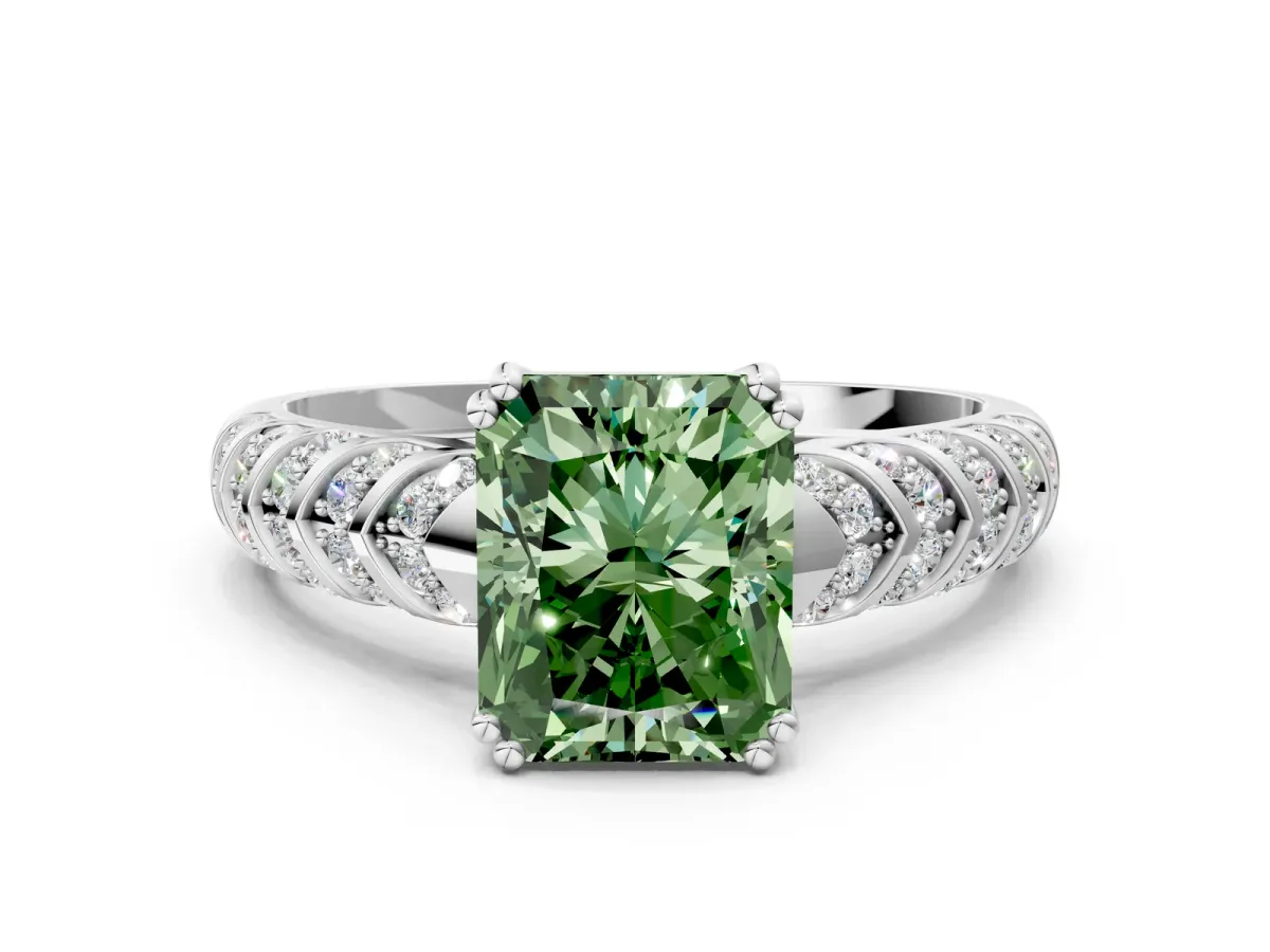 Fancy Green Radiant Cut Solitaire Chevron Pave Diamond Engagement Ring with Six-Prong Setting Platinum