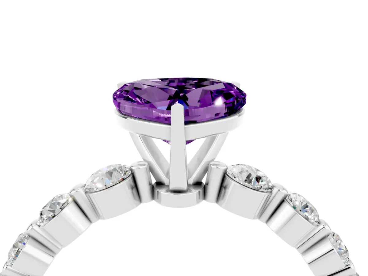 Heart Cut Solitaire Amethyst Ring with Pave Band and Four-Prong Setting Silver