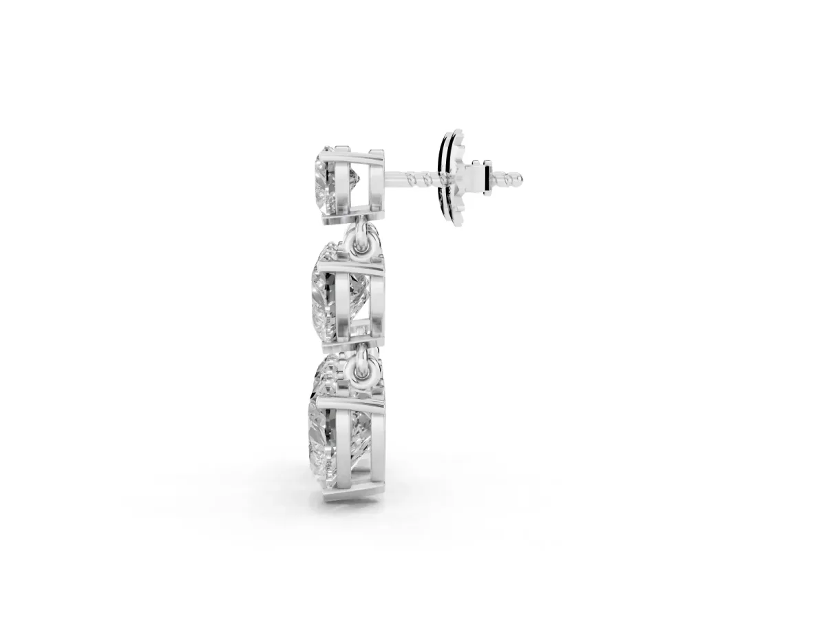 Heart Diamond Triple Drop Earrings Silver