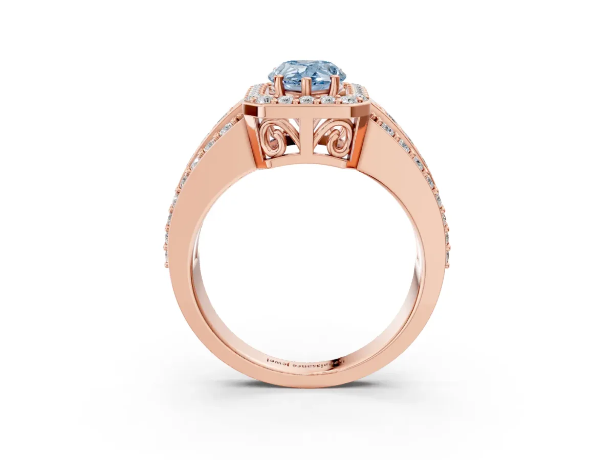Fancy Blue Pear Cut Halo Diamond Ring with Round Split Shank and Prong Setting Rose gold