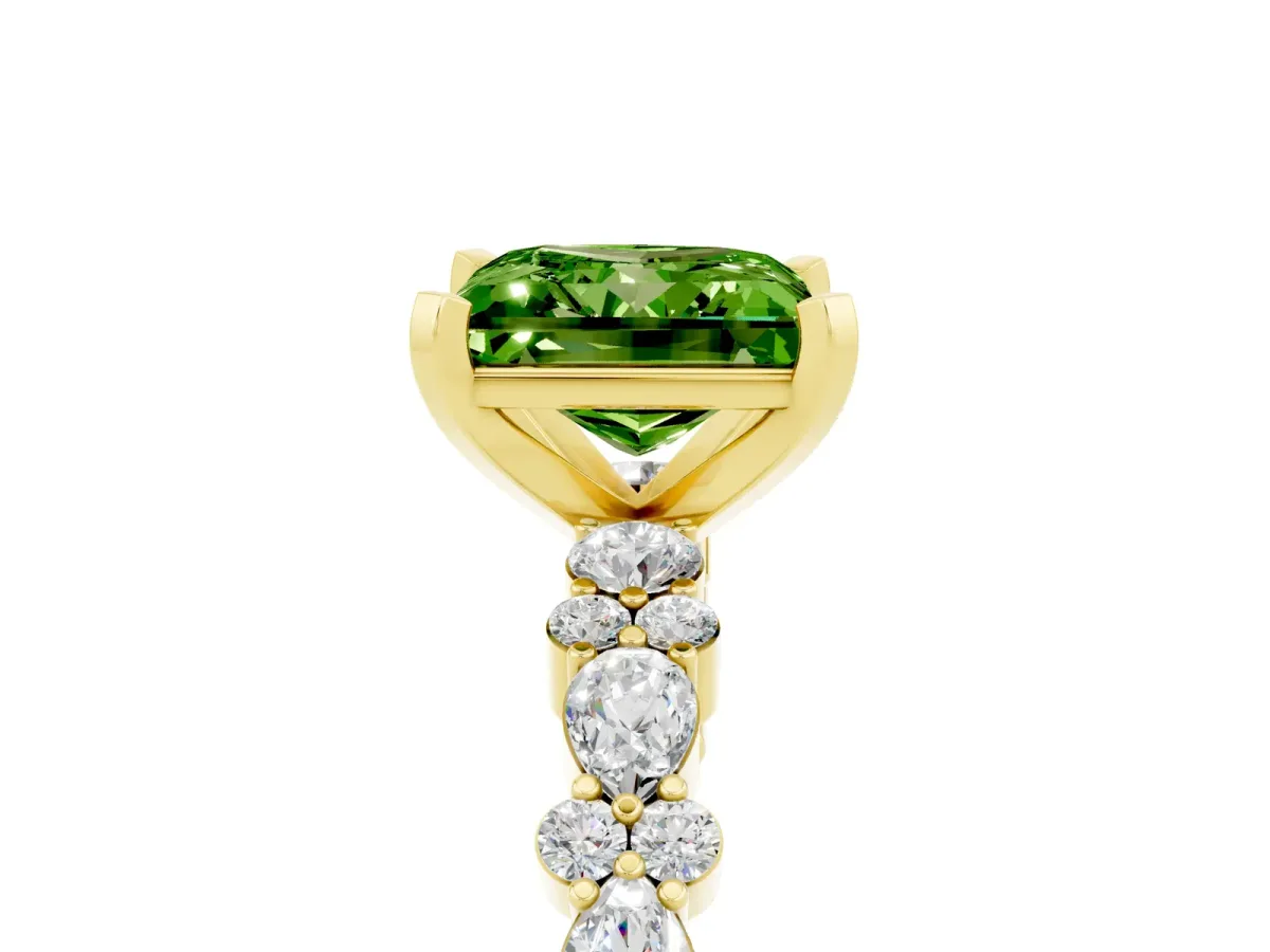 Princess Cut Peridot Side Stone Solitaire Ring with Round and Four-Prong Setting Yellow gold
