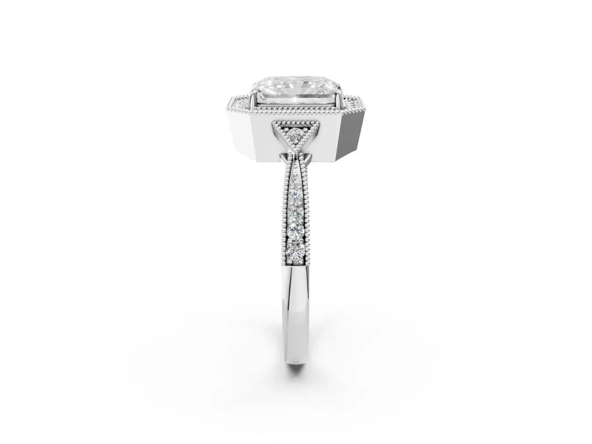 Radiant Cut Halo Round Diamond Milgrain Pave Engagement Ring Platinum