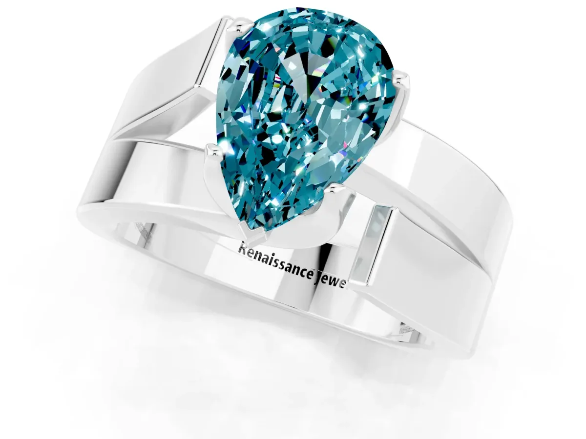 Modern Tension Set Pear Cut Blue Topaz Solitaire Wide Band Ring Silver