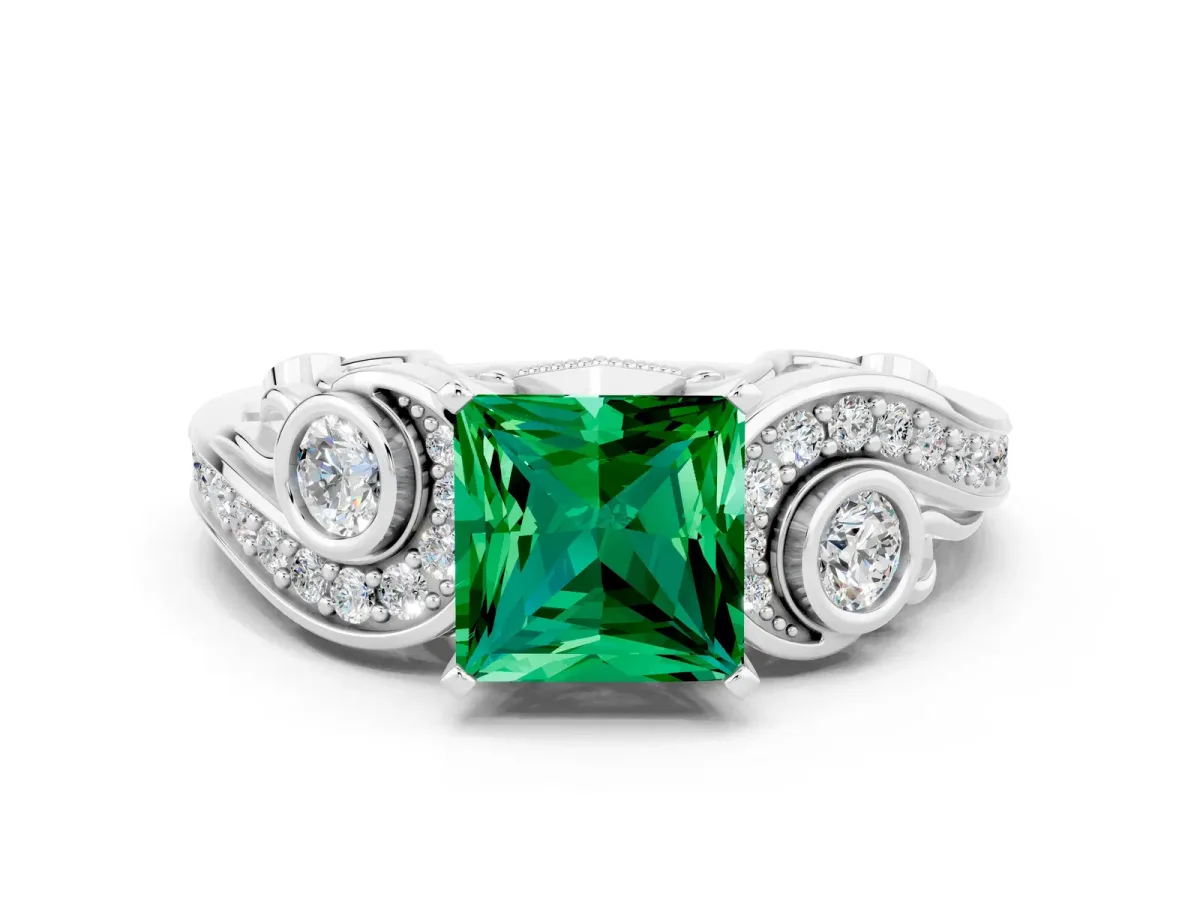 Princess Cut Emerald Solitaire Ring with Milgrain Pavé Band and Four-Prong Setting Silver