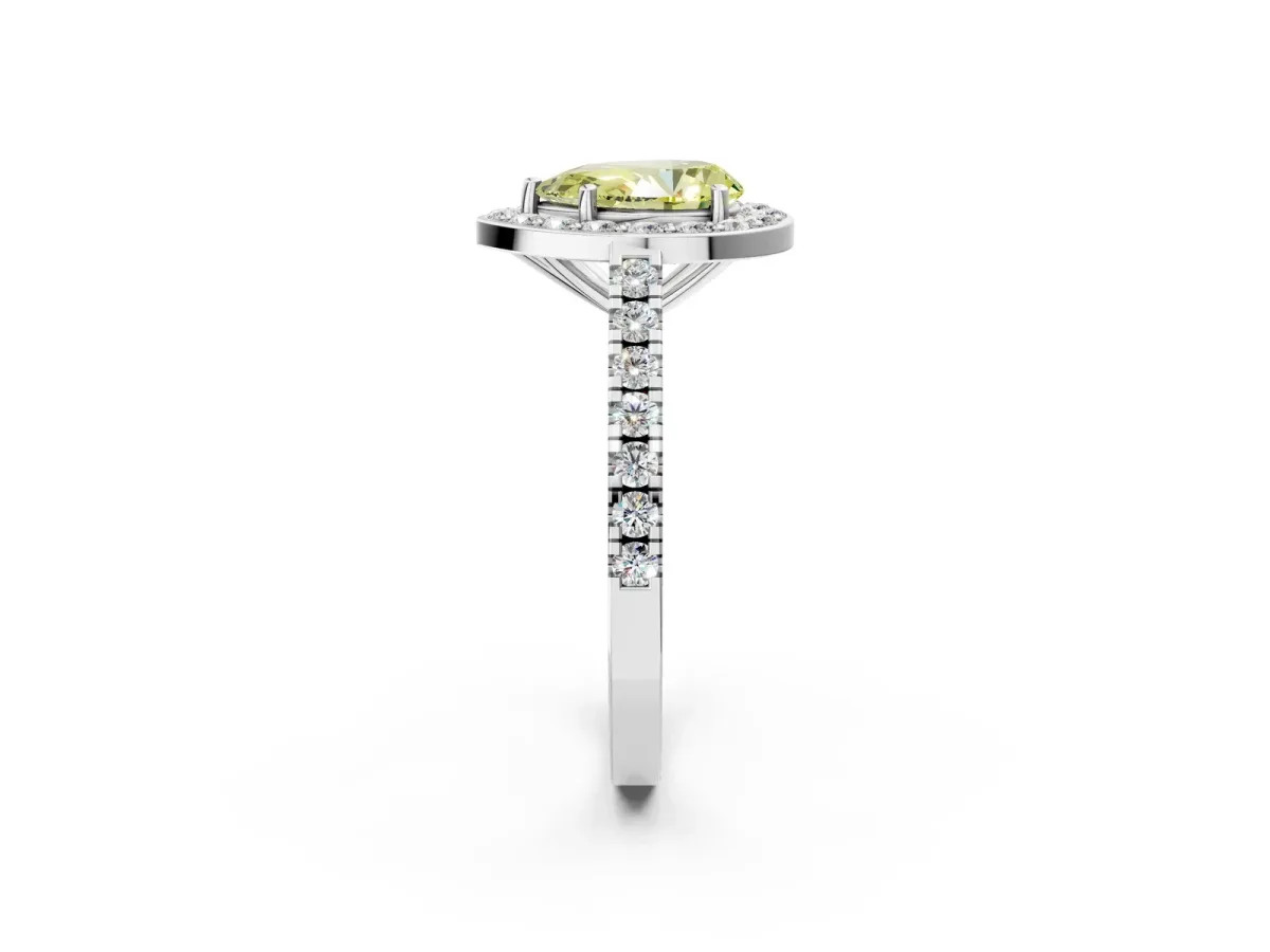 Fancy Yellow Pear Cut Diamond Halo Ring with Round Pavé Split Shank and Prong Setting Platinum