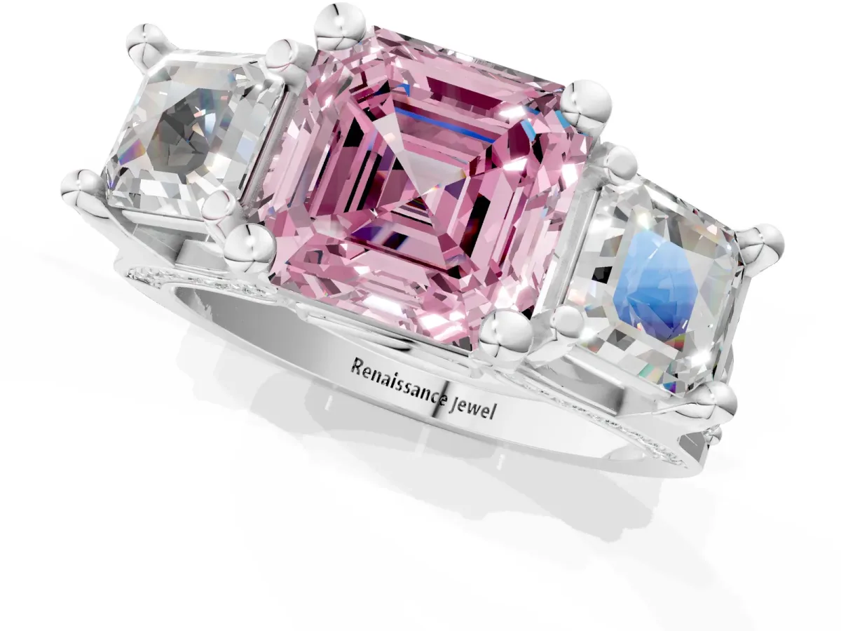Fancy Pink Asscher Cut Diamond Three-Stone Ring with Channel Set Band and Four-Prong Setting Platinum