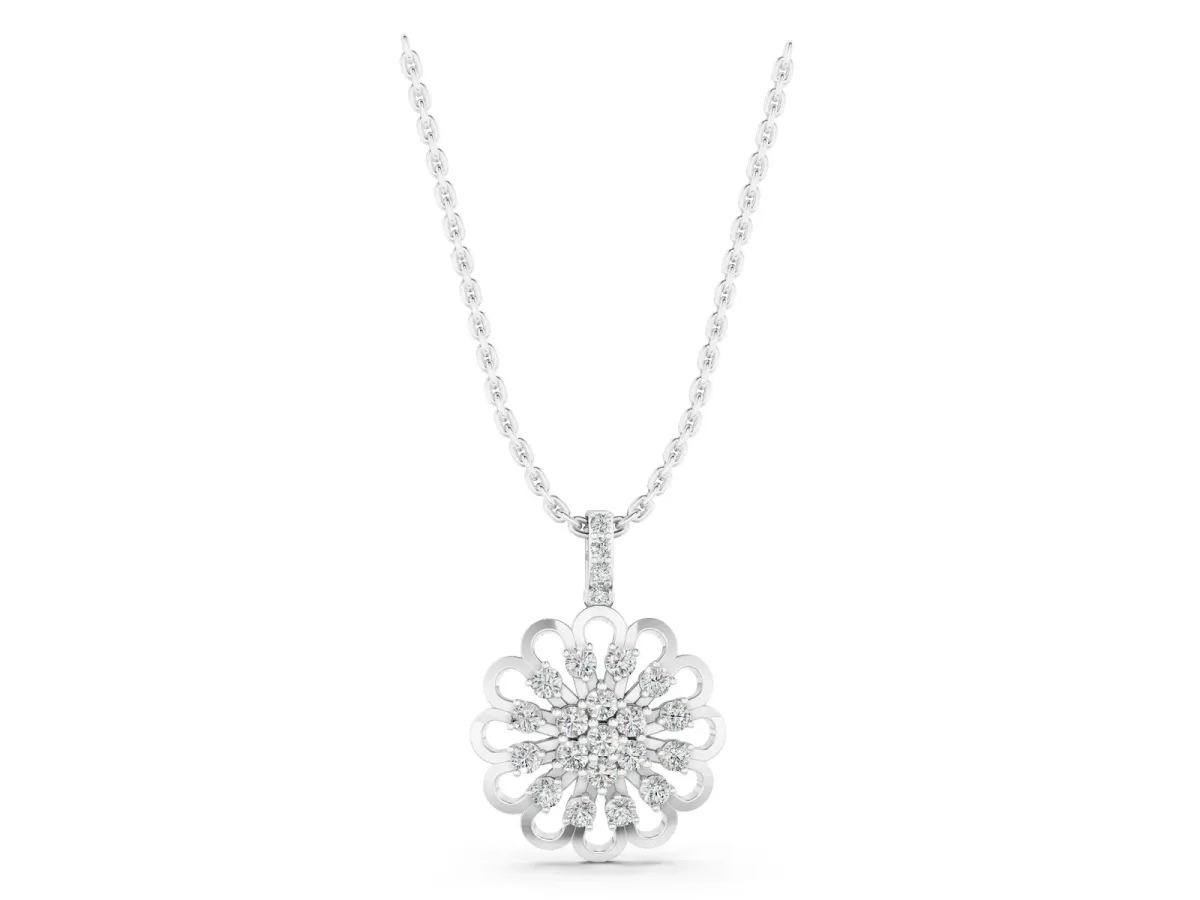 Round Diamond Floral Halo Pendant with Prong Setting Silver