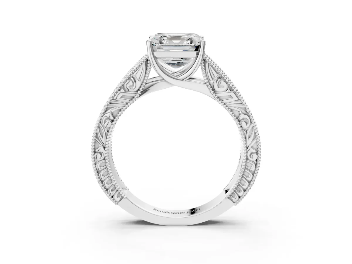Asscher Cut Diamond Solitaire Ring with Engraved Band and Four-Prong Setting Platinum