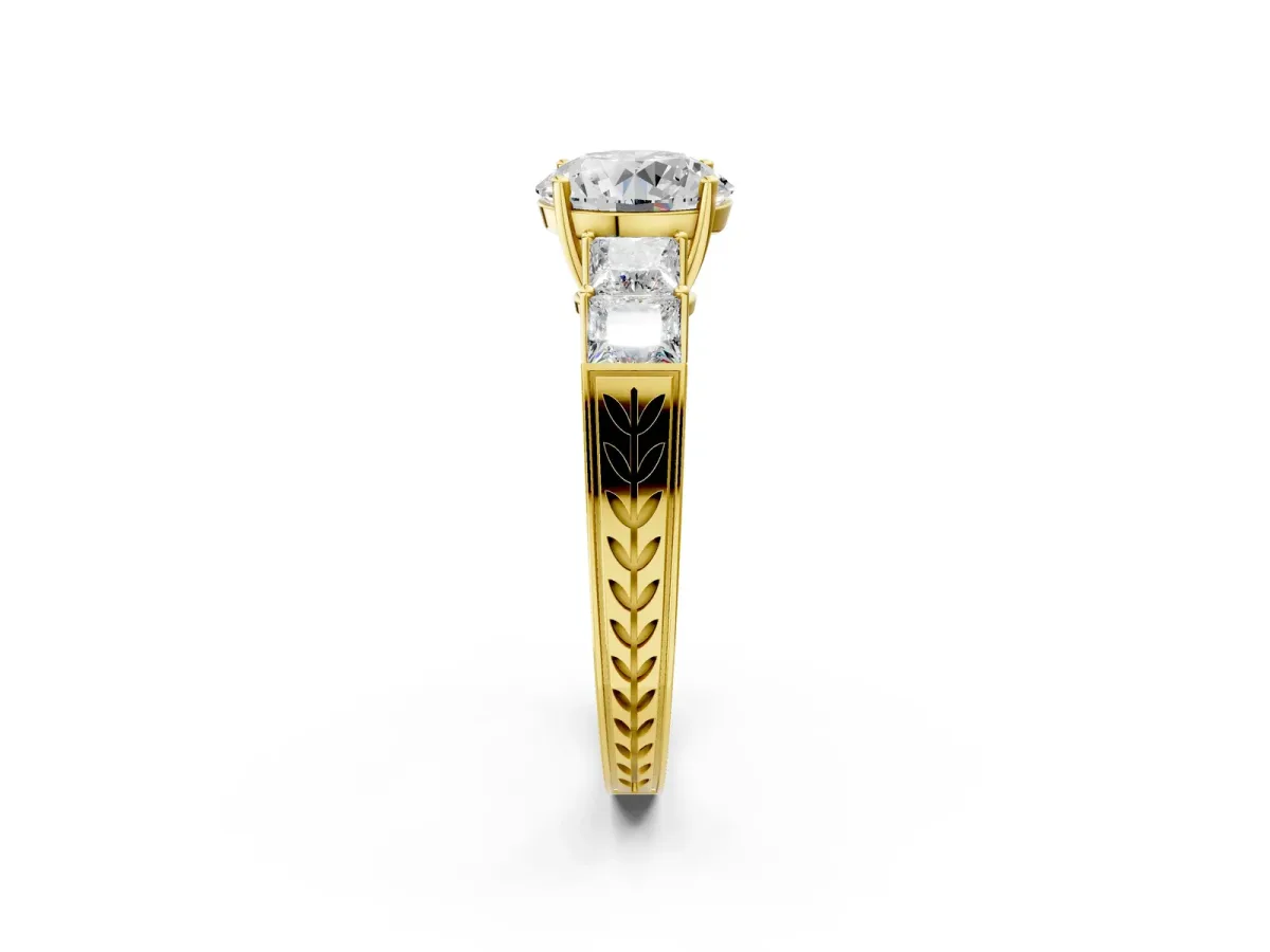 Round Cut Solitaire Princess Side Stone Engraved Band Prong Setting Ring Yellow gold