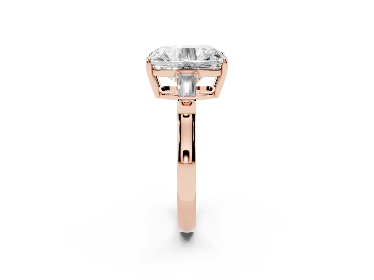 Old Mine Elongated Cushion Diamond with Side Tapered Baguette Three Stone Ring Rose gold