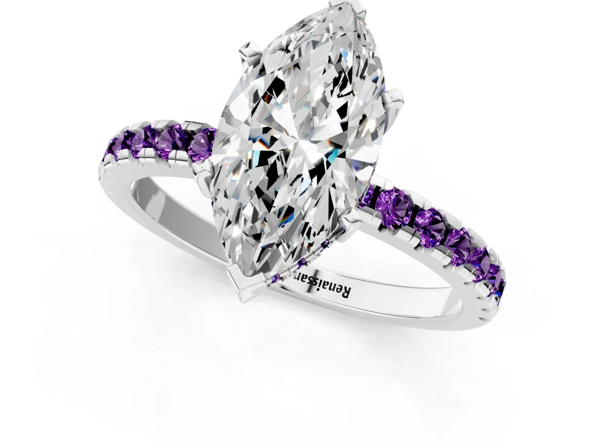 Marquise Cut Diamond Solitaire Ring with Round Amethyst Pavé Band and Four-Prong Setting Silver