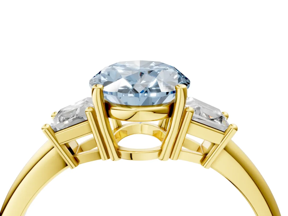 Fancy Blue Oval Cut Diamond Three-Stone Ring with Trapezoid Side Stones and Prong Setting Yellow gold
