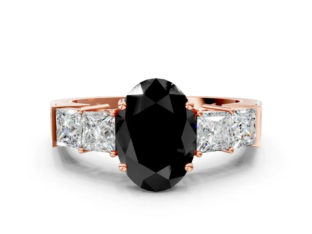 Fancy Black Oval Cut Solitaire Princess Side Stone Engraved Band Prong Setting Ring Rose gold