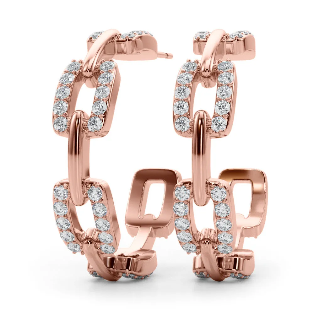 Pavé Round Diamond Link Hoop Earrings with Prong Setting Rose gold