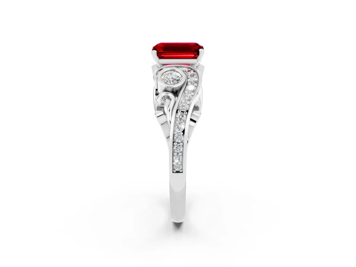 Emerald Cut Ruby Solitaire Ring with Milgrain Pavé Band and Four-Prong Setting White gold