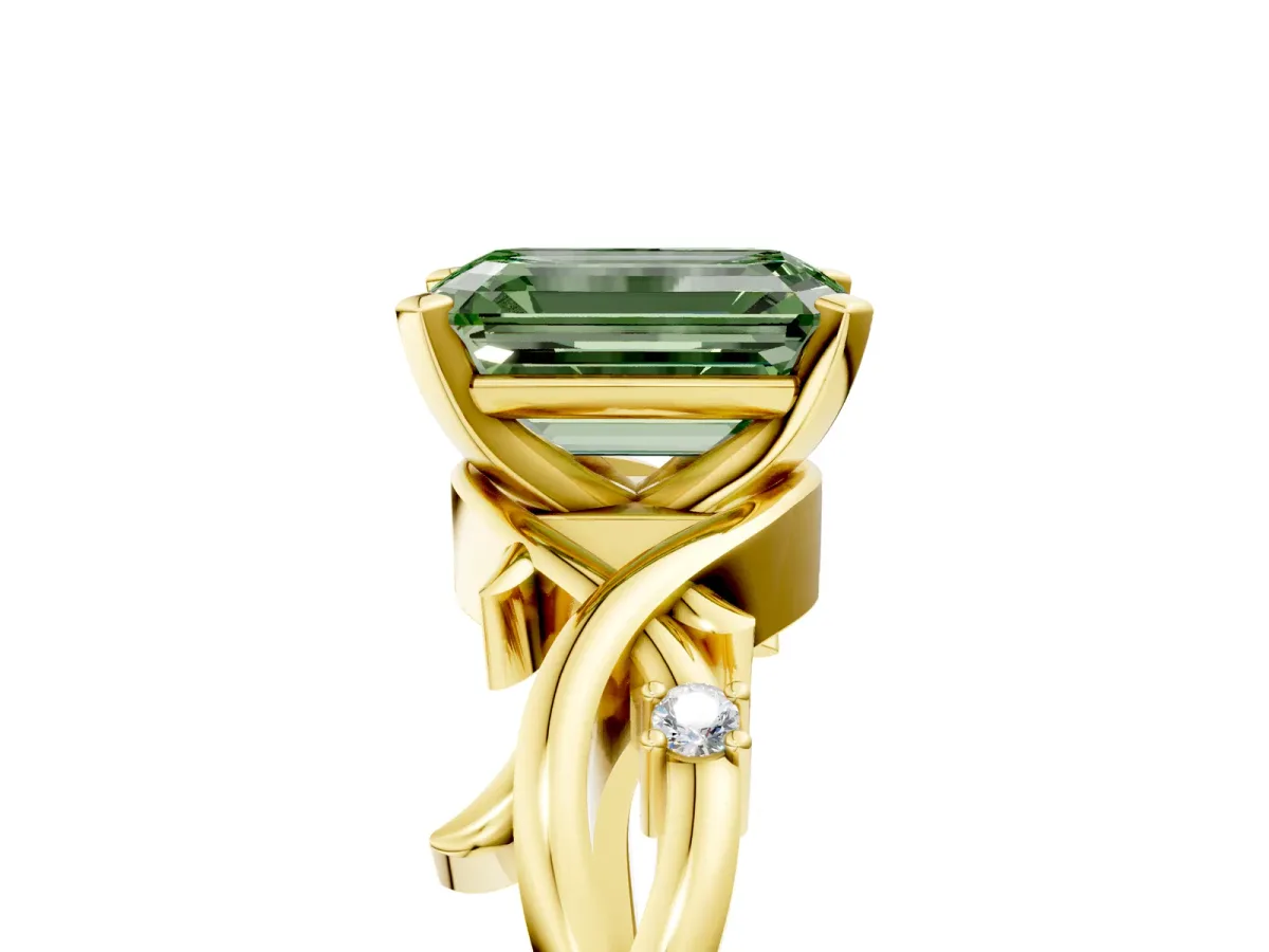 Fancy Green Emerald Cut Diamond Solitaire Ring with Twisted Band and Prong Setting Yellow gold