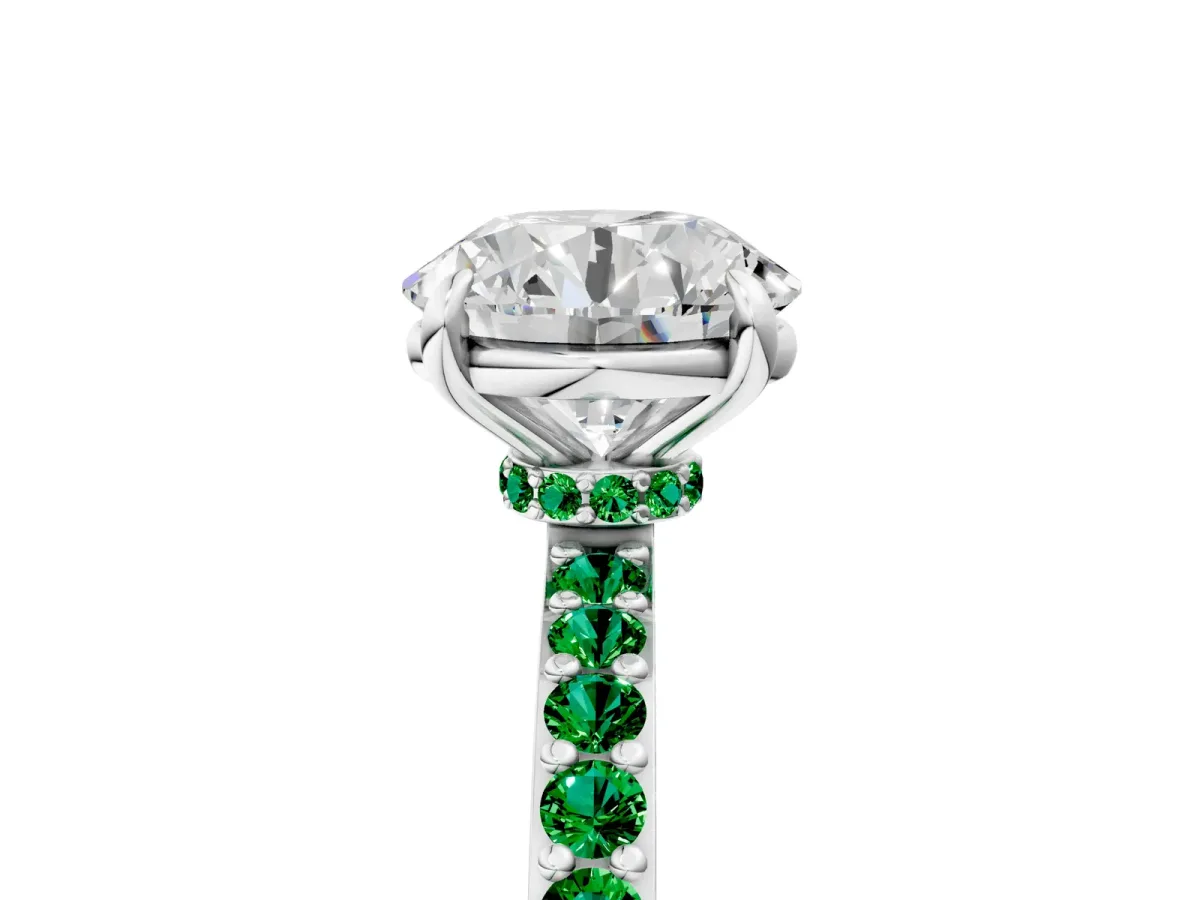 Round Cut Diamond Pavé Engagement Ring with Round Emerald Accents and Prong Setting Silver