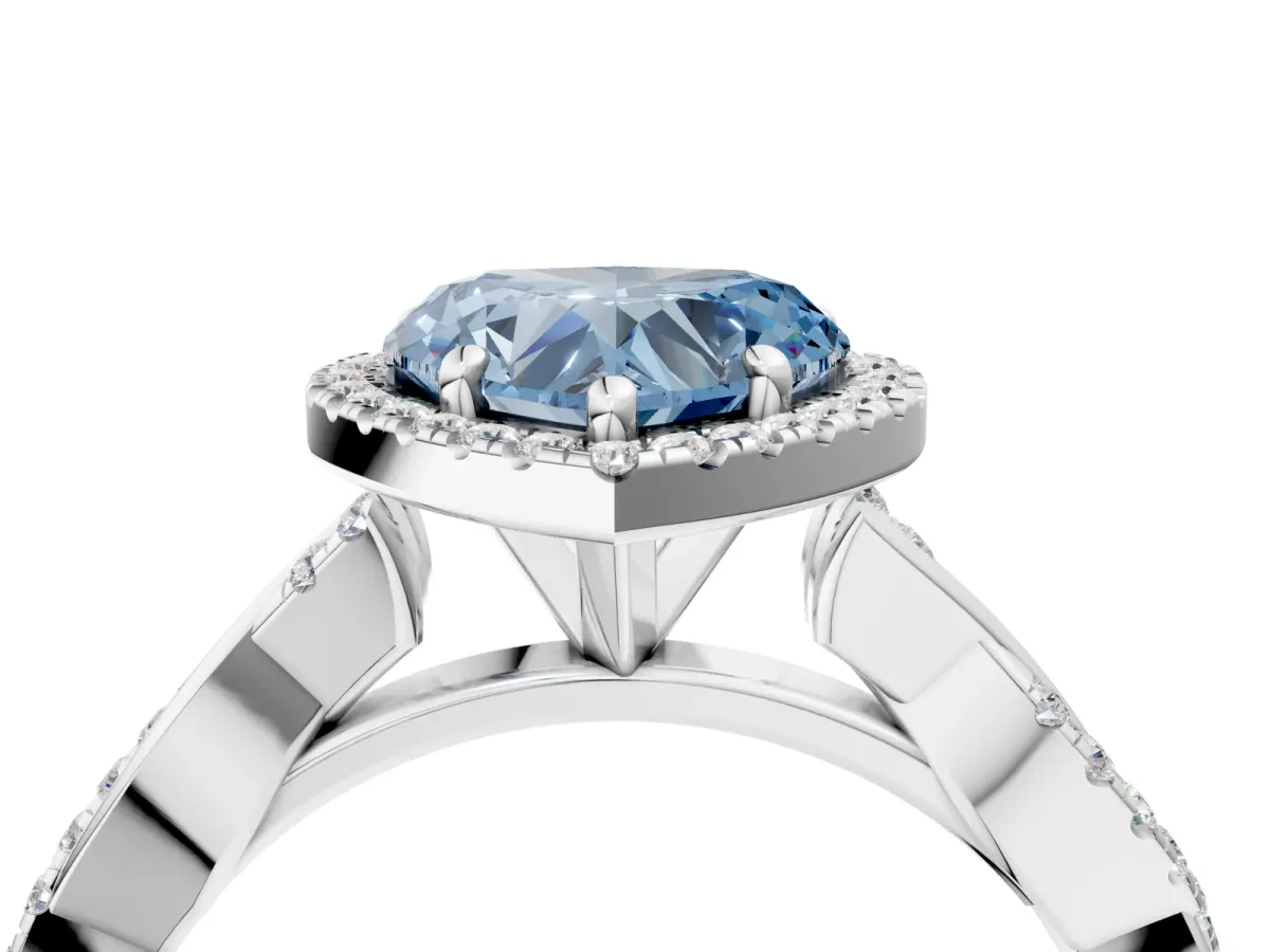 Fancy Blue Heart Cut Cut Halo Twisted Band Four-Prong Ring Platinum