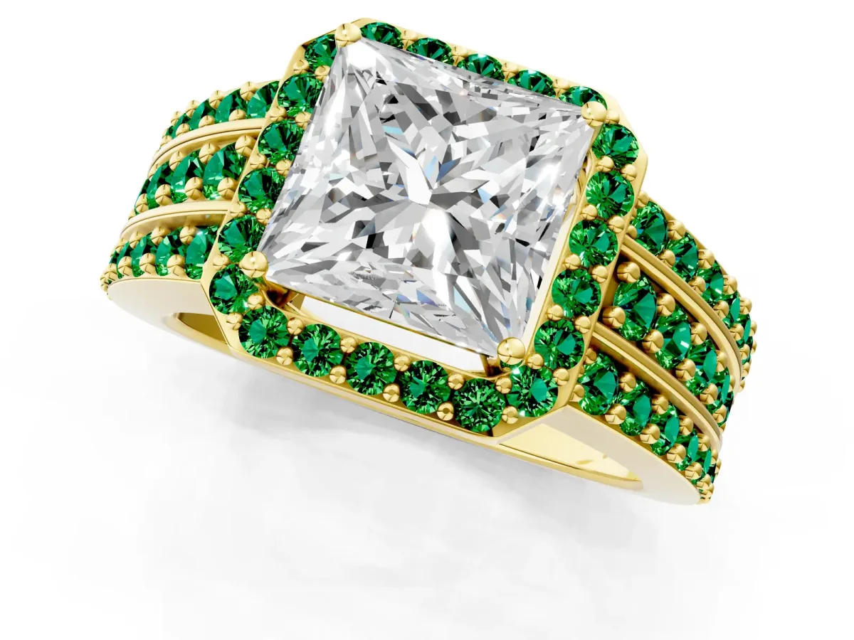 Princess Cut Halo Diamond Ring with Round Emerald Split Shank and Prong Setting Yellow gold