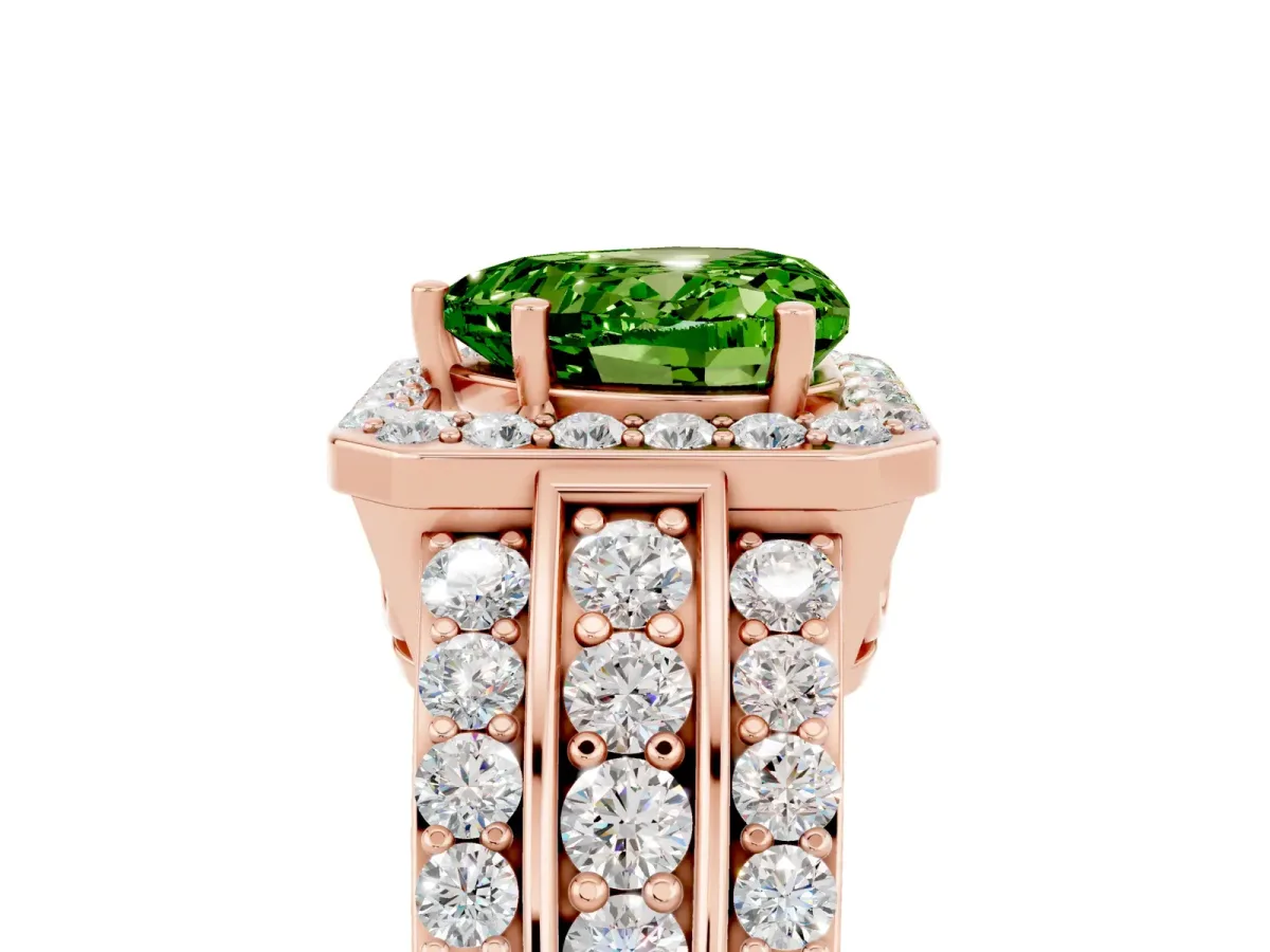 Heart Cut Halo Peridot Ring with Round Split Shank and Prong Setting Rose gold