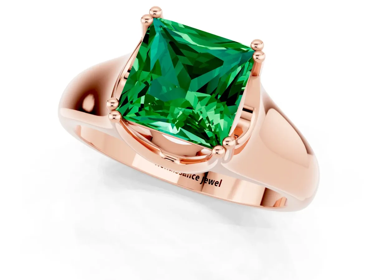 Princess Cut Emerald Solitaire Ring with Wide Band and Prong Setting Rose gold
