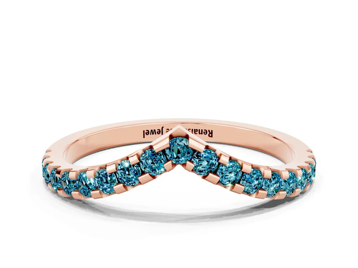 Pavé Round Blue Topaz Chevron Band with Shared Prong Setting Rose gold