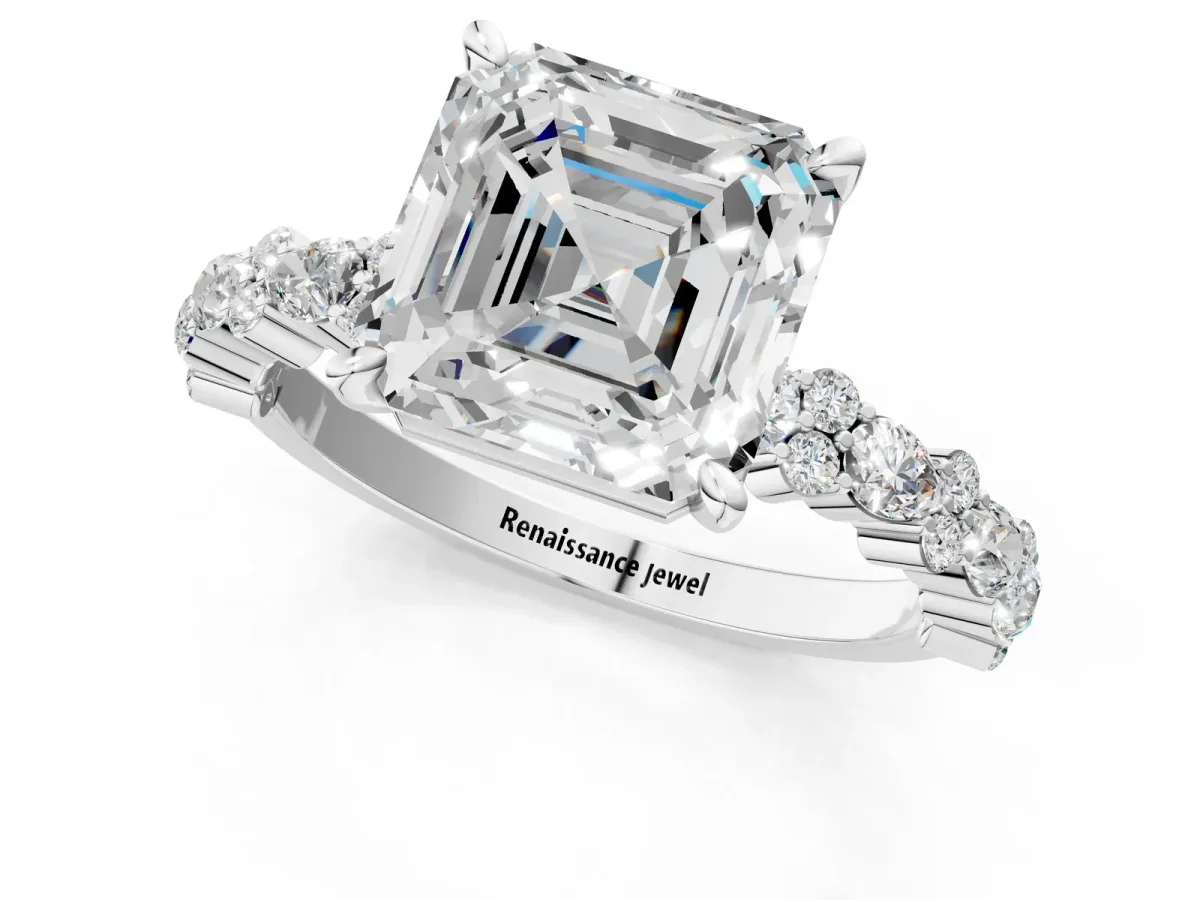 Asscher Cut Diamond Side Stone Solitaire Ring with Round Moissanite and Four-Prong Setting Silver