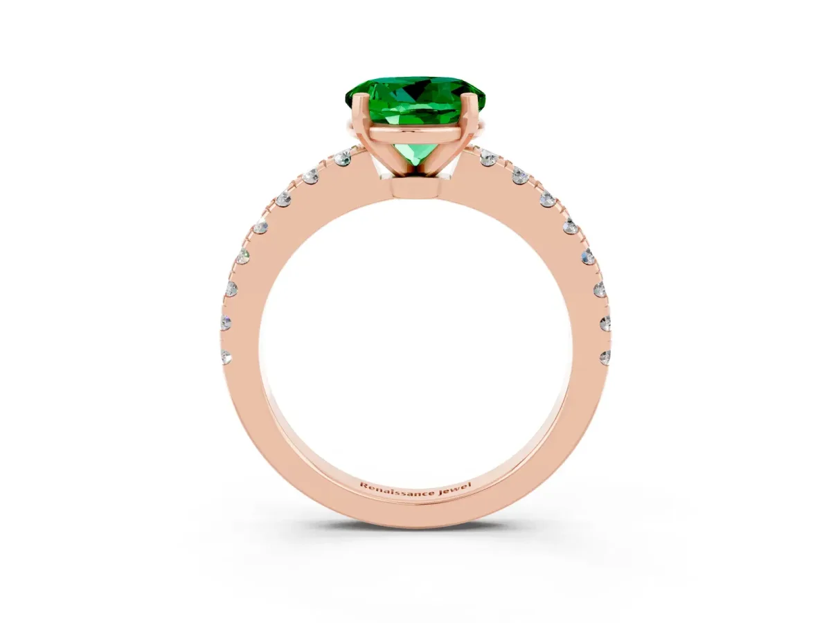 Round Cut Solitaire Emerald with Pavé Band and Four-Prong Setting Rose gold