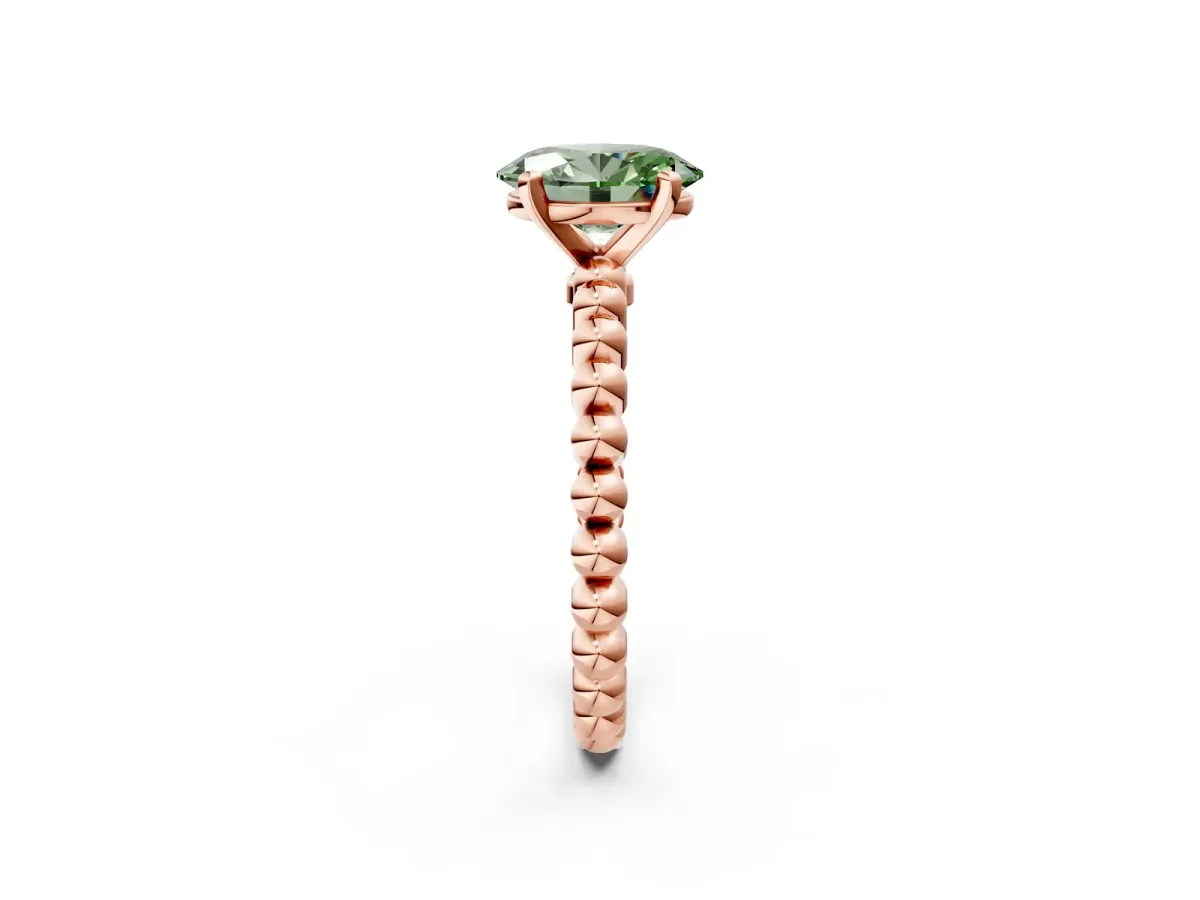 Fancy Green Oval Cut Diamond Solitaire Ring with Beaded Band and Prong Setting Rose gold