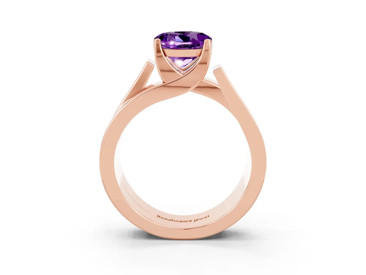 Modern Tension Set Round Cut Amethyst Solitaire Wide Band Ring Rose gold