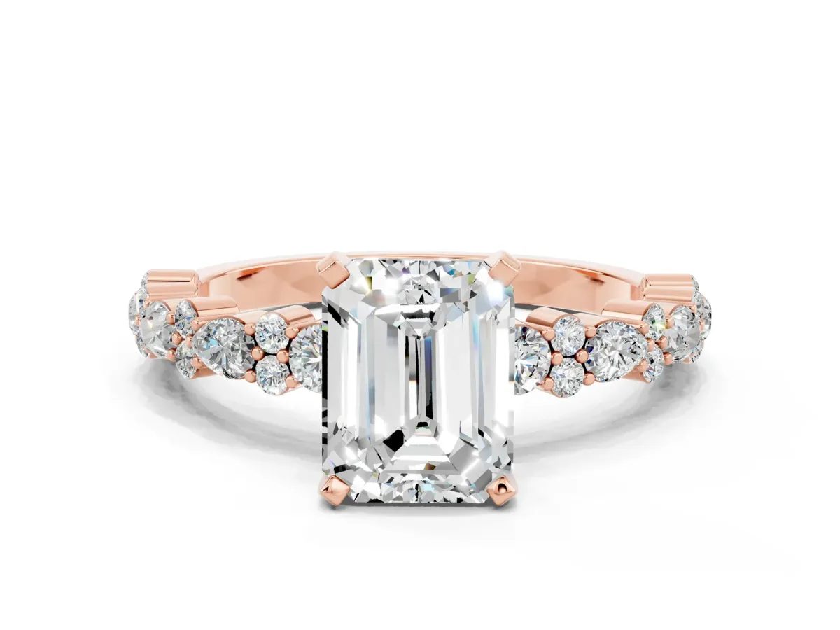 Emerald Cut Moissanite Side Stone Solitaire Ring with Round and Four-Prong Setting Rose gold