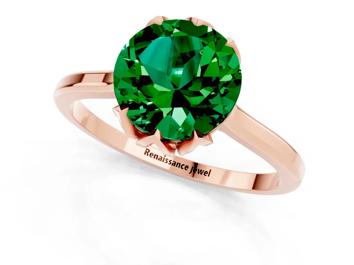 Round Cut Emerald Solitaire Ring with Flower Prong Setting and Classic Band Rose gold