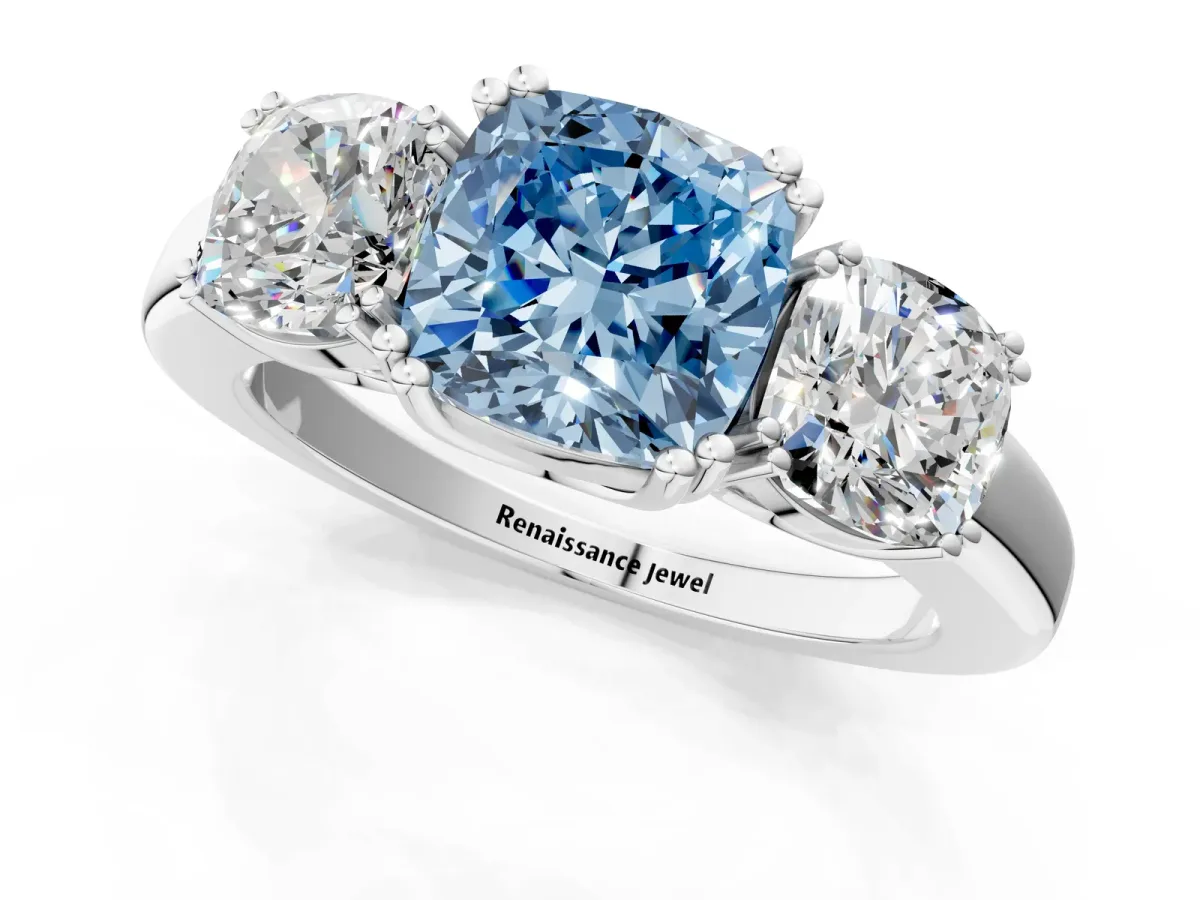Fancy Blue Three-Stone Cushion Cut Cut Diamond Ring with Channel Set Band and Four-Prong Setting Silver
