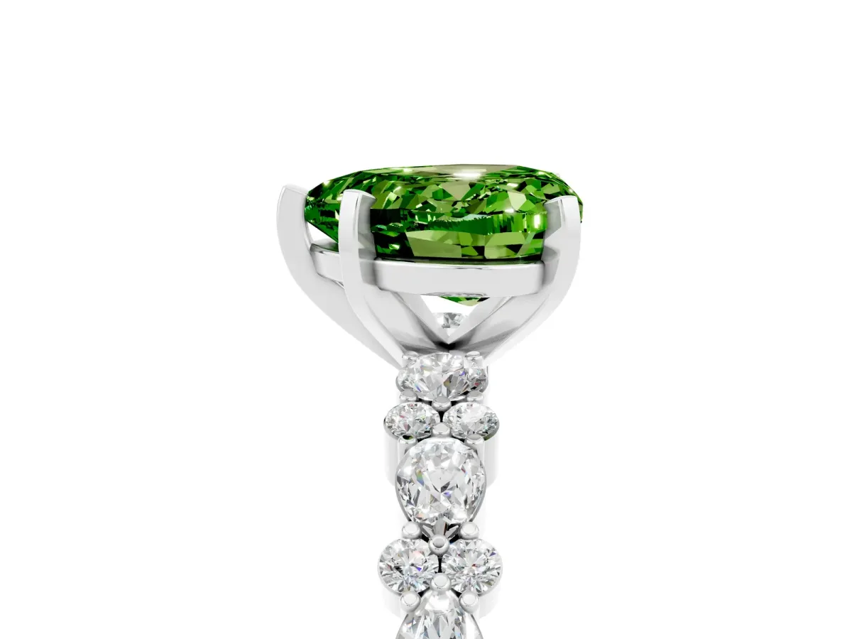 Heart Cut Peridot Side Stone Solitaire Ring with Round and Four-Prong Setting Platinum