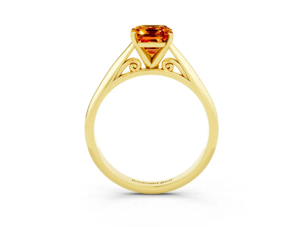 Emerald Cut Citrine Solitaire Engagement Ring with Cathedral Setting and Four-Prong Mount Yellow gold