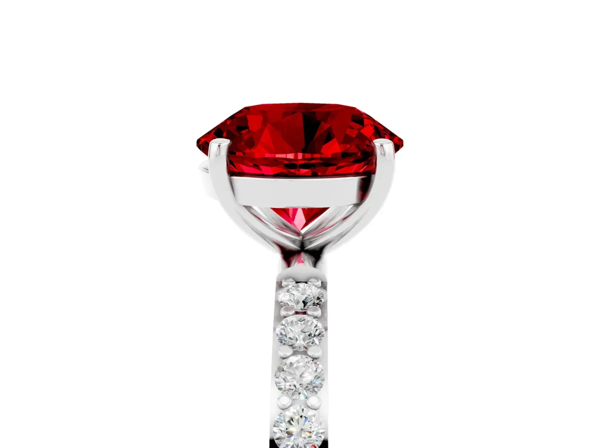 Round Cut Ruby Solitaire Ring with Round Pavé Band and Prong Setting White gold