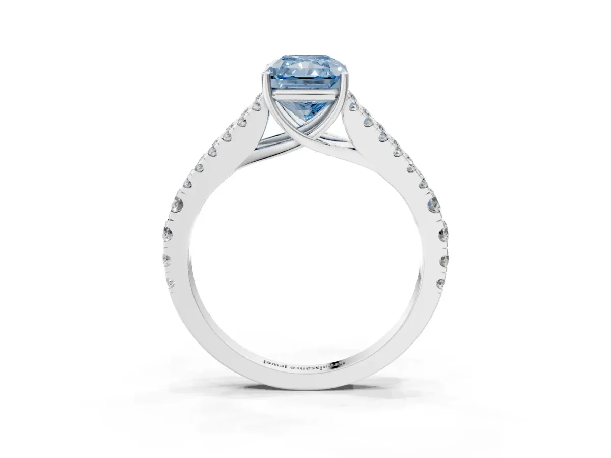 Fancy Blue Radiant Cut Diamond Split Shank Pavé Engagement Ring with Four-Prong Setting White gold