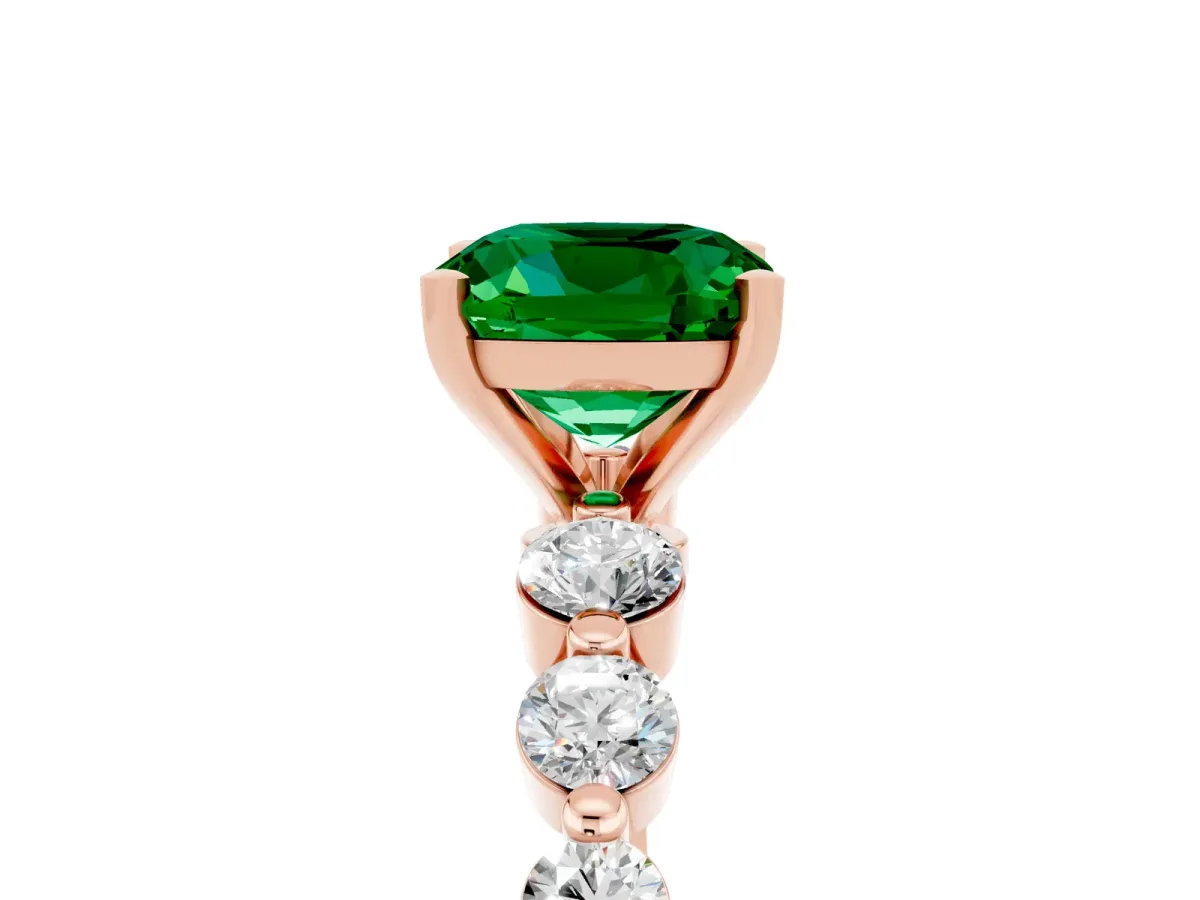Cushion Cut Solitaire Emerald Ring with Pave Band and Four-Prong Setting Rose gold