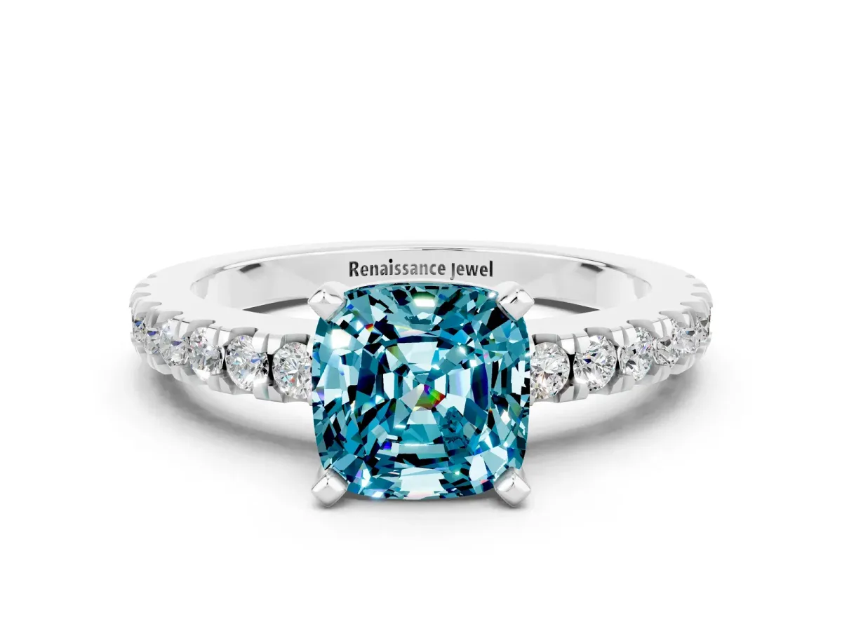Cushion Cut Solitaire Blue Topaz with Pavé Band and Four-Prong Setting Silver