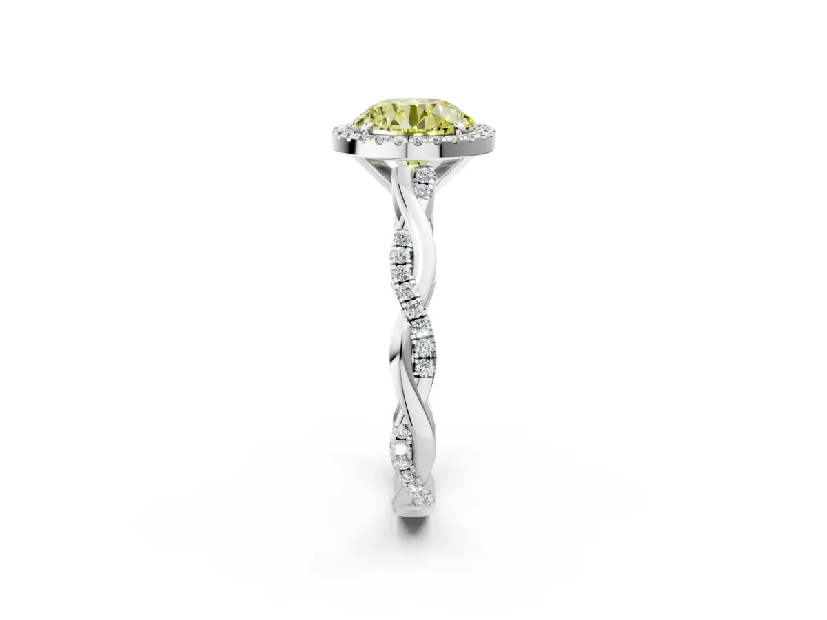 Fancy Yellow Round Cut Cut Halo Twisted Band Four-Prong Ring Platinum