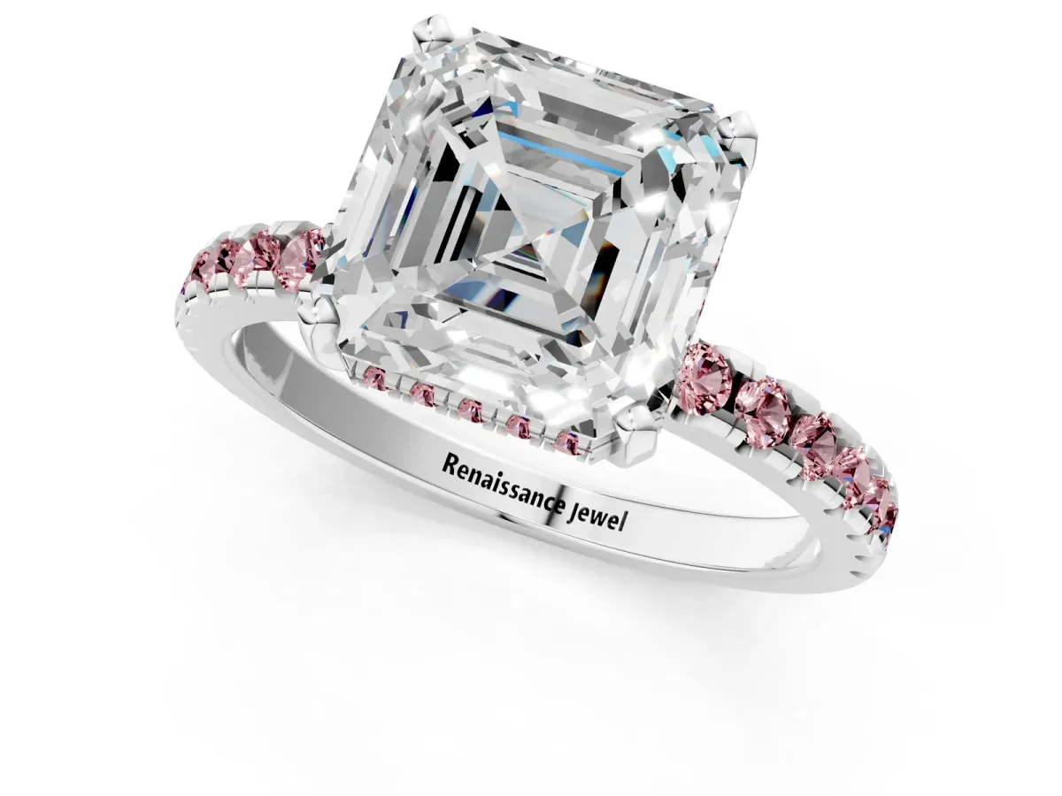 Asscher Cut Diamond Solitaire Ring with Round Morganite Pavé Band and Four-Prong Setting Silver