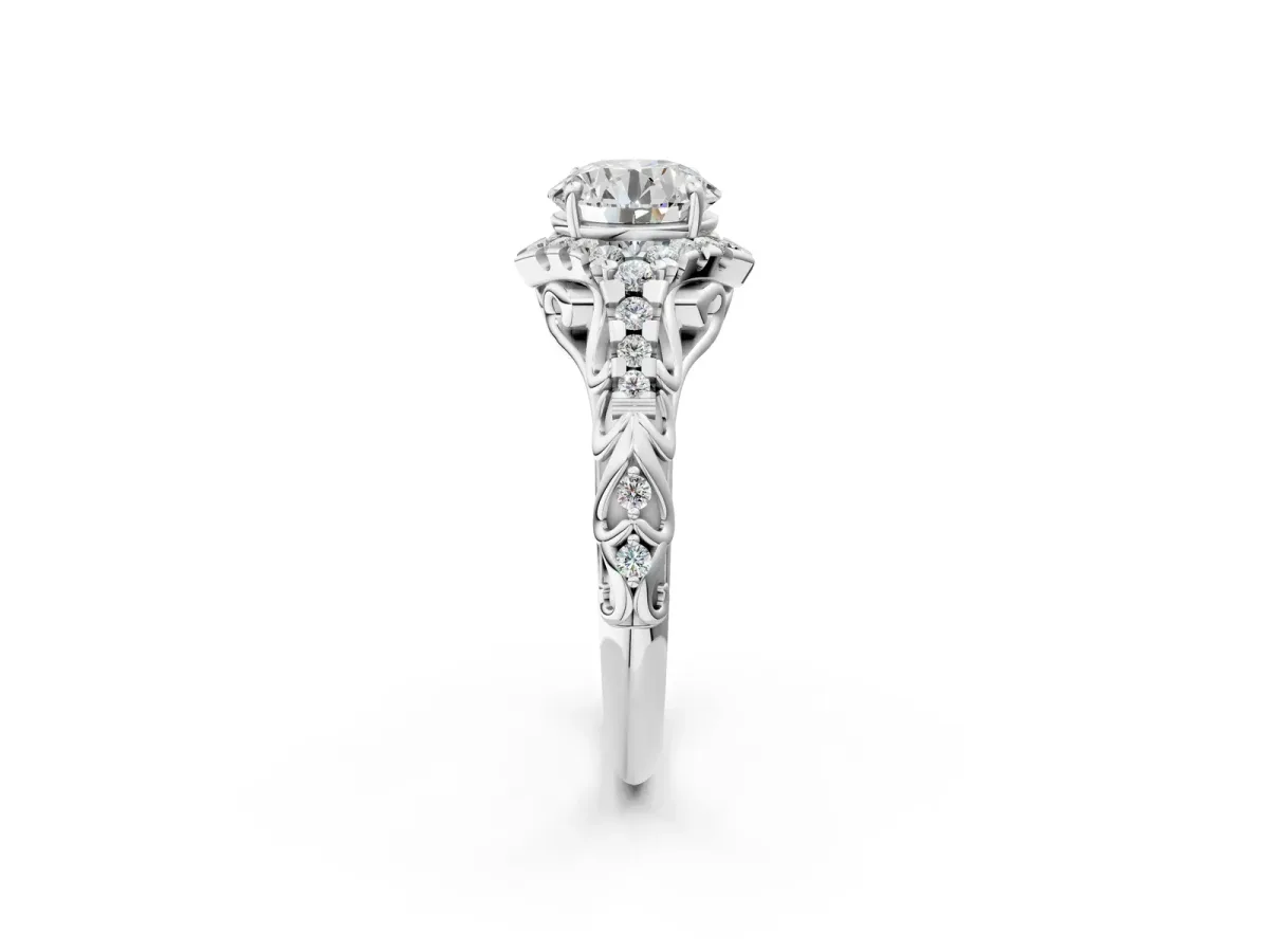Round Cut Diamond Solitaire Ring with Hidden Halo and Pavé Band Silver
