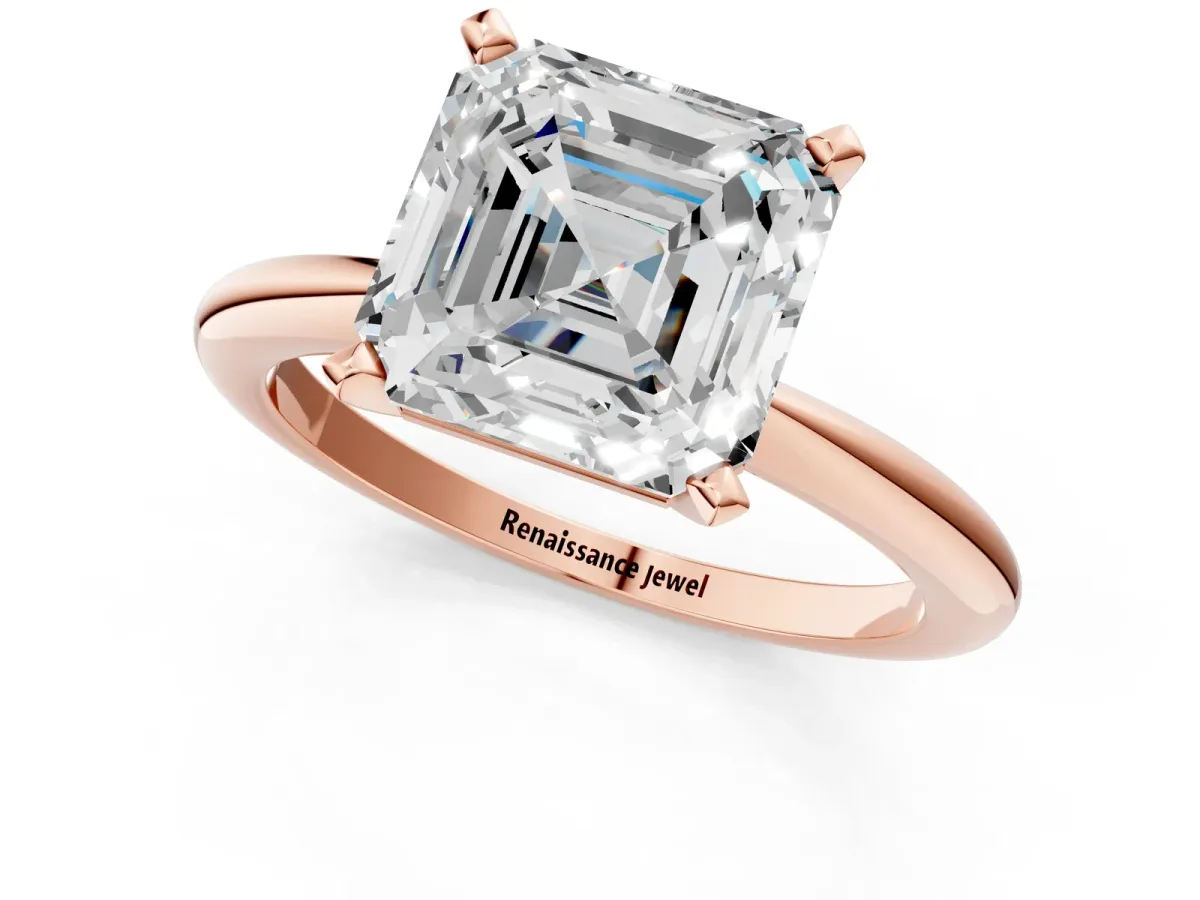 Asscher Cut Diamond Solitaire Ring with Six-Prong Setting and Classic Band Rose gold
