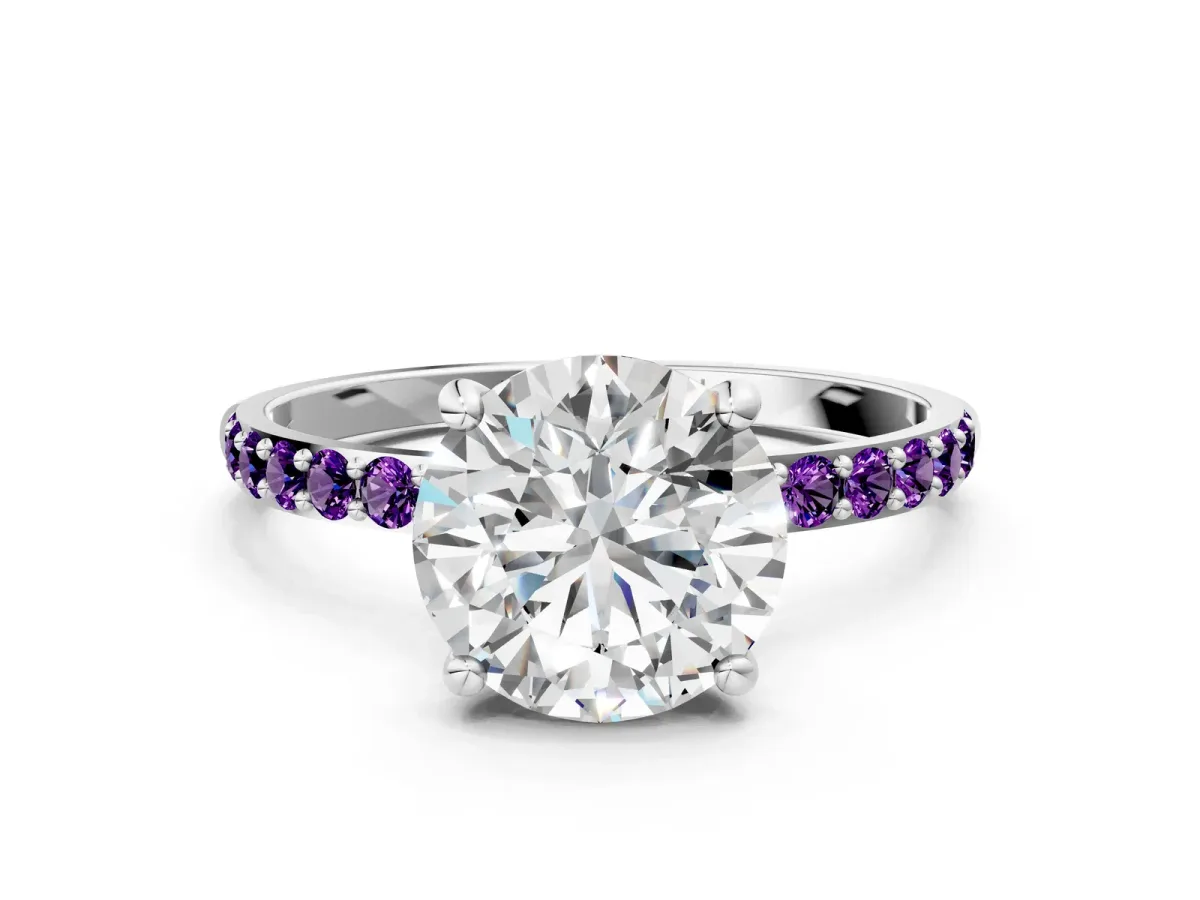 Round Cut Diamond Solitaire Ring with Round Amethyst Pavé Band and Prong Setting Silver