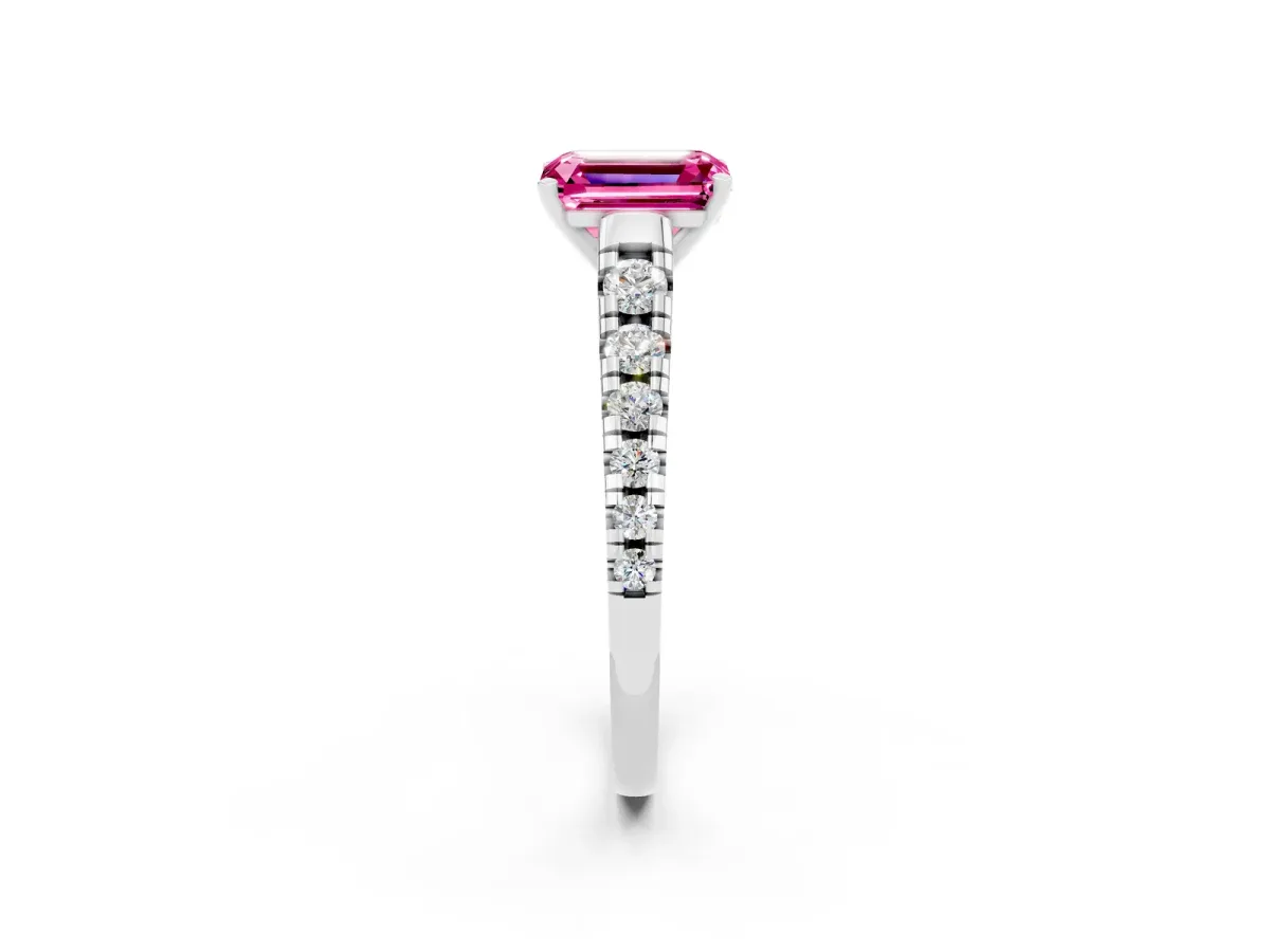 Emerald Cut Pink Sapphire Cathedral Solitaire Ring with Round Pavé Band Silver