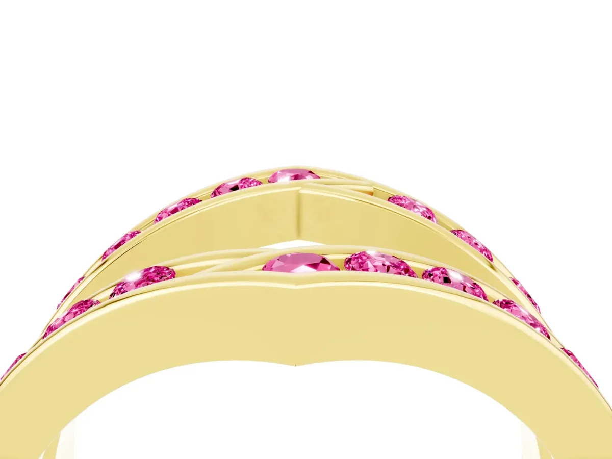 Round Pink Sapphire Channel-Set Chevron Band Yellow gold