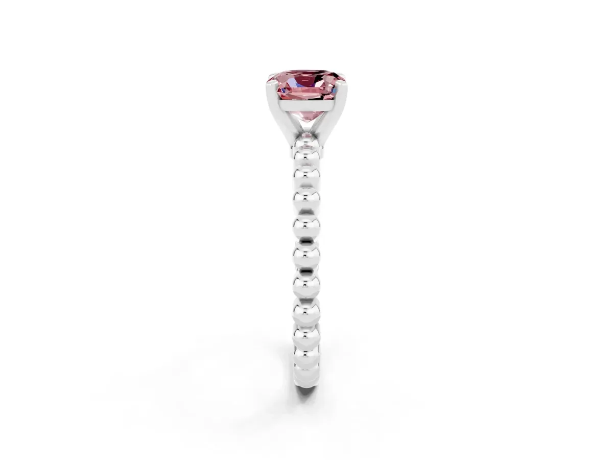 Cushion Cut Morganite Solitaire Ring with Beaded Band and Prong Setting Platinum