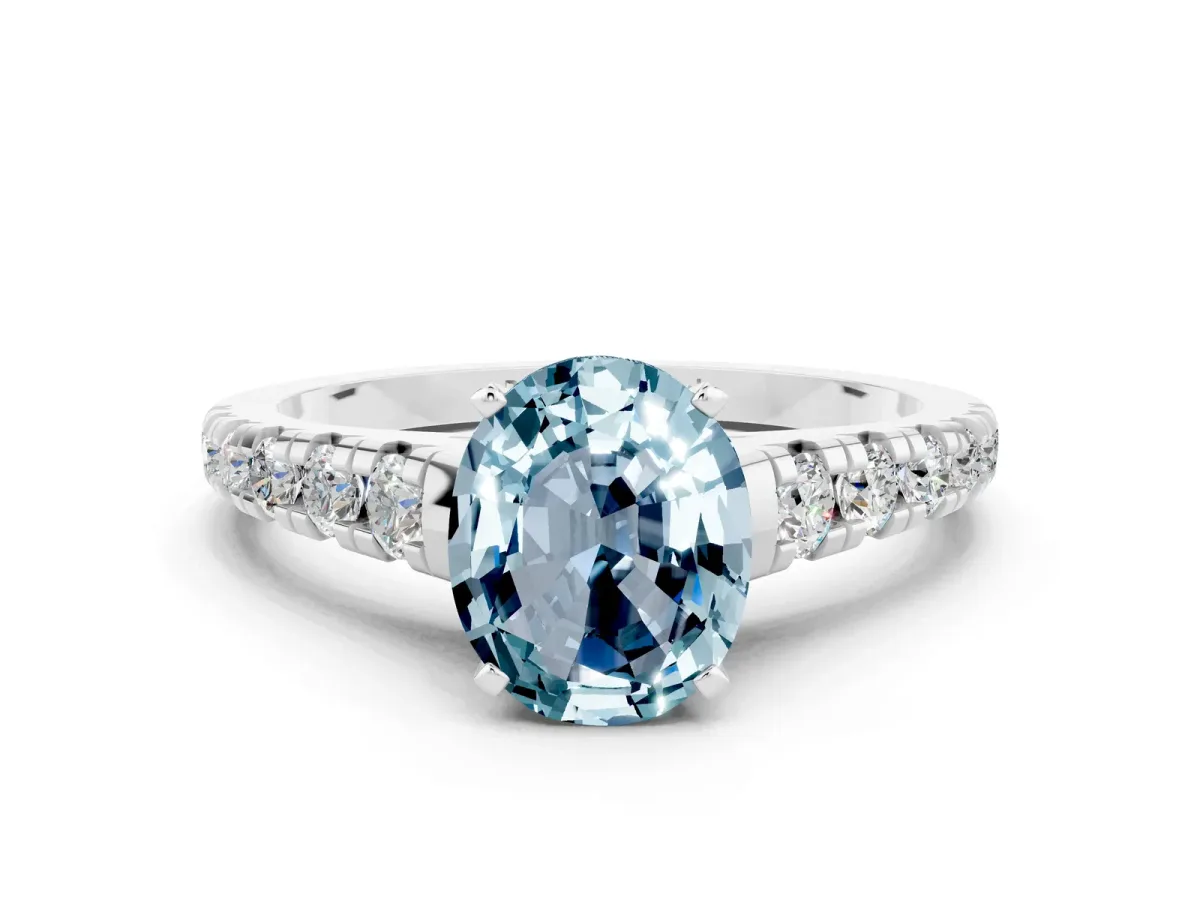 Oval Cut Aquamarine Cathedral Solitaire Ring with Round Pavé Band Silver