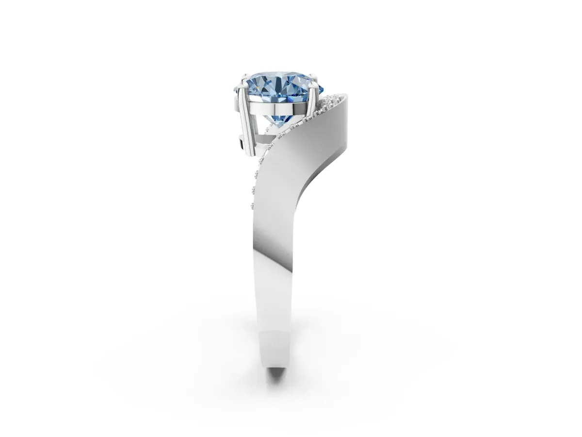 Fancy Blue Round Cut Solitaire Diamond Engagement Ring with Pave Band and Four-Prong Setting Platinum